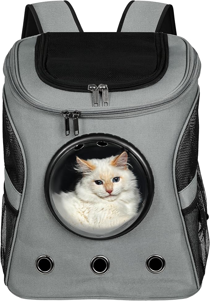 Cat Backpack Carrier, Airline Approved, Space Capsule Bubble Design, Ideal for Cats & Dogs up to 28-35 lbs, with Strong Straps, Safety Zippers, Mesh, Comfortable for Hiking & Travel (Grey)-Mewly Pet
