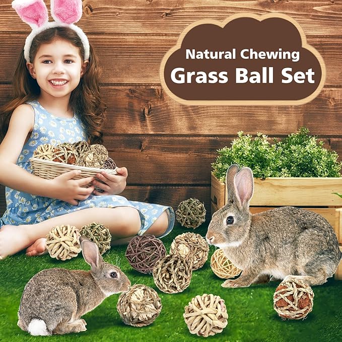 VESPRO Bunny Chew Grass Balls, (8 Pcs) Rolling Chew Toys for Small Animals, Natural Chew Grass Toys and Bunny Treats for Rabbits, Guinea Pigs, Chinchillas, Hamsters, Mice Teeth Grinding-Mewly Pet