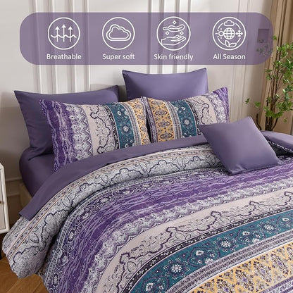 Cottolester Boho Comforter Set California King Size 8 Pieces,Violet Bohemian Striped Bed in a Bag, Paisley Soft Microfiber Bedding Comforter Set