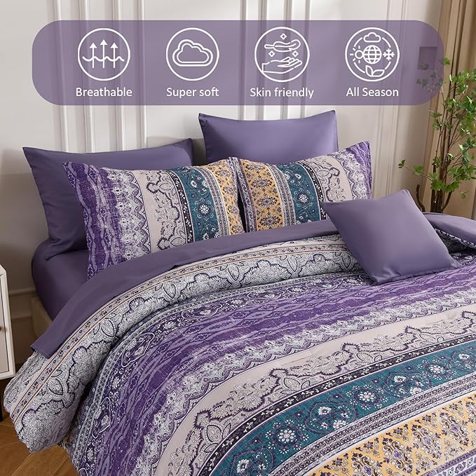 Boho King Size Comforter Set 8 Pieces, Violet Bohemian Striped Bed in a Bag, Paisley Soft Microfiber Bedding Comforter Set