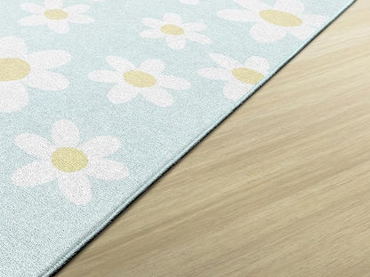 Flagship Carpets Schoolgirl Style White Daisies on Blue Educational Area Rug for Kids Room Seating Décor, Children's Classroom, Play Carpet for Teaching and Playroom, 5' x 7'6"