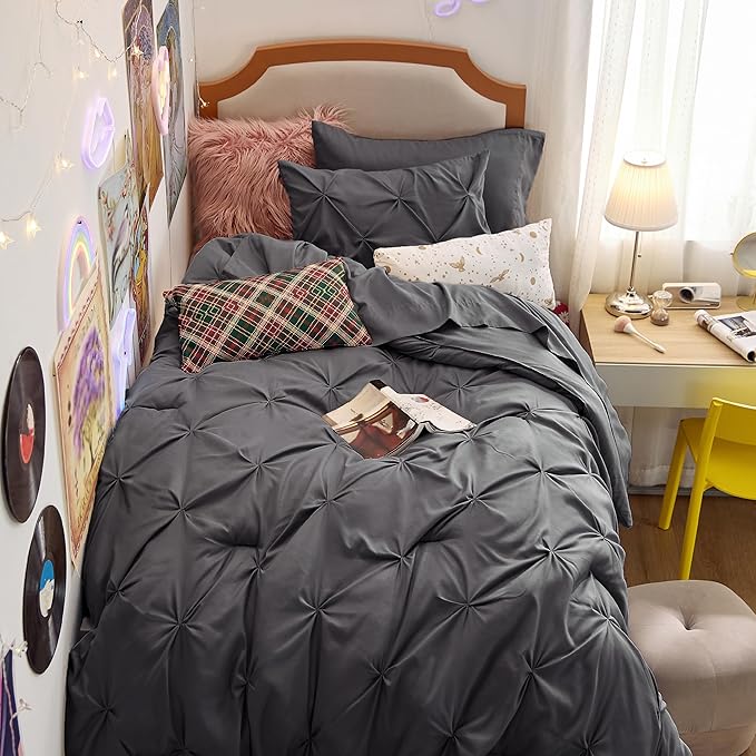 Bedsure Twin Comforter Set Dark Grey - Bed in a Bag Twin Size Bedding 5 Pieces, GentleSoft™ Pintuck Bed Set Gift for Family, Pinch Pleat Dark Grey Comforter with Sheets, Pillowcase & Sham