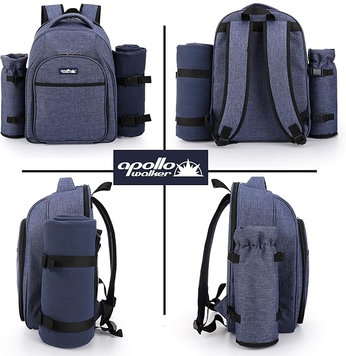 Apollo Walker Picnic Backpack Bag for 2 Person with Cooler Compartment, Detachable Bottle/Wine Holder, Fleece Blanket, Plates and Cutlery Set (2 Person, Navy)-Mewly Pet