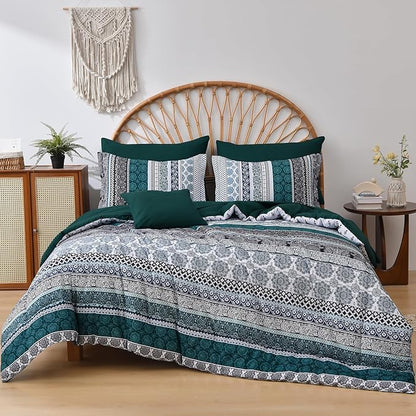 Cottolester Boho Comforter Set King Size,8 Pieces Emerald Green Bohemian Striped Bed in a Bag,Paisley Soft Microfiber Bedding Comforter Set