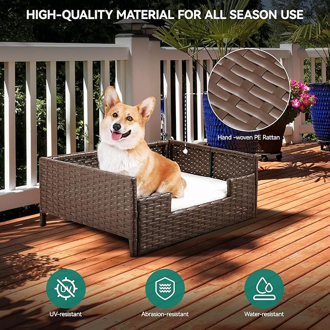 YITAHOME Rattan Dog Sofa Bed with Cushion,Wicker Pet Bed Sofa Couch Indoor Outdoor Water Unaffected for Large Medium Small Dogs Cats (24.8''L*19.7''W*9.8'',Beige)-Mewly Pet