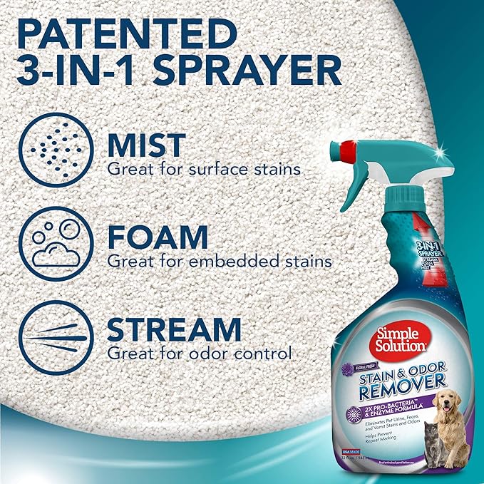 Simple Solution Stain and Odor Eliminator Spray for Dogs & Cats, Enzyme Cleaner With 2X Pro-Bacteria Cleaning Power, Strong Smell Remover for Carpets, Upholstery & Floors, Floral Fresh Scent, 32 oz-Mewly Pet