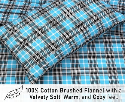 RUVANTI Flannel Sheets Queen Size - 100% Cotton Double Brushed Bed Sheets, Deep Pockets 16 Inches Queen Sheet Set, All Seasons Breathable & Extra Soft - Warm & Cozy, 4 Piece, Teal Plaid