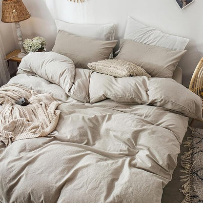 MooMee Bedding Duvet Cover Set 100% Washed Cotton Linen Like Textured Breathable Durable Soft Comfy (Heathered Tannish Linen Grey, Oversized King Plus 128"x120")
