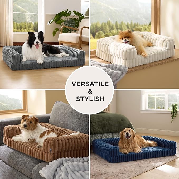 Bedsure Orthopedic Dog Beds Large Sized Dog, Waterproof Memory Foam Pet Bed with Sides, Non-Slip Bottom and Egg-Crate Foam Large Pet Couch Sofa with Washable Removable Corduroy Cover, Blue-Mewly Pet