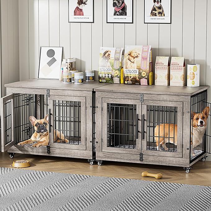 Lulive Dog Crate Furniture Set of 2, Dog Kennel Indoor Double Doors Wooden Dog Cage, 32'' Heavy Duty Dog Crate with Cushion & Wheels, End Table Pet House Chew-Resistant Up to 45 lb, Grey-Mewly Pet