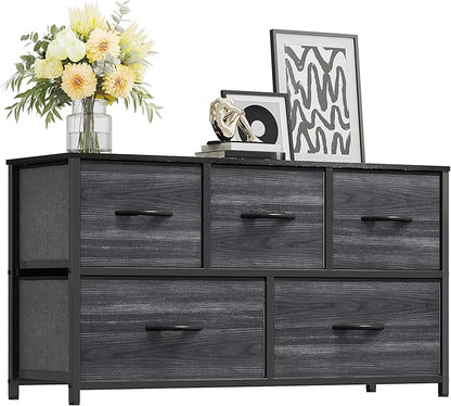 YITAHOME Dresser with 5 Drawers - Fabric Storage Tower, Organizer Unit for Bedroom, Living Room, Closets - Sturdy Steel Frame, Wooden Top (Cool Black Wood Grain)