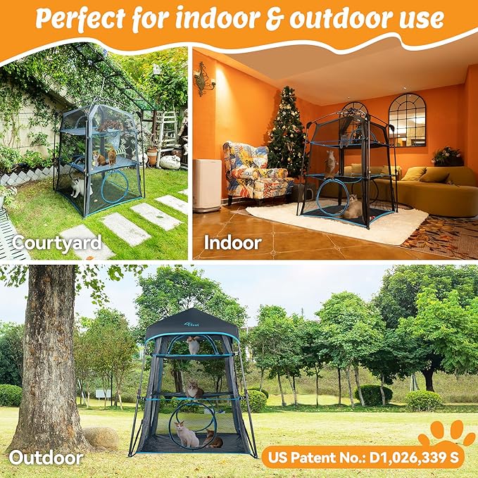 X-Large Catio Outdoor Cat Enclosure,3-Tier Spacious Outdoor Cat Tent for Indoors and Outdoors,Portable and Foldable Kitty Enclosure,Two Doors Design can Assemble More Shapes (Patented)-Mewly Pet