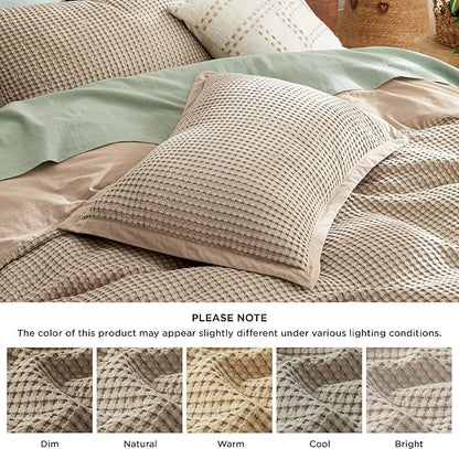 Bedsure Cooling Waffle Duvet Cover Queen - Cotton Blend Rayon Derived from Bamboo Duvet Cover Set for Hot Sleepers, Breathable Bedding Set with a Vintage Charm, 3 Pieces (Taupe, Queen, 90"x90")