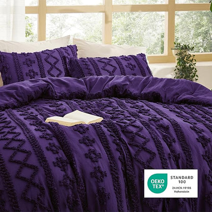 Bedsure Tufted Boho Comforter Set Queen Size - Purple Boho Bed Set, GentleSoft™ 3 Pieces Farmhouse Shabby Chic Embroidery Bedding, Gifts for Woman, Soft Jacquard Queen Comforter for All Seasons