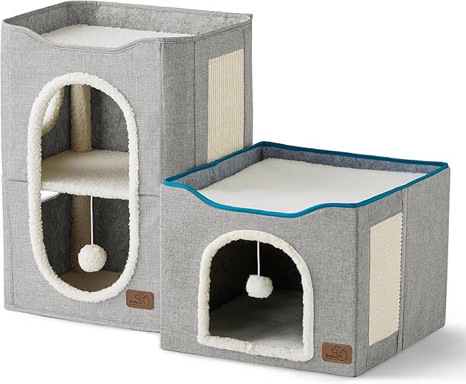 Bedsure 2 Story Cat House - Cat Condos for Indoor Cats with Scratch Pad and Fluffy Ball Hanging, Small Pet Cave Furniture Hideaway for Multi Pets, 18x14x23 inches, Grey-Mewly Pet