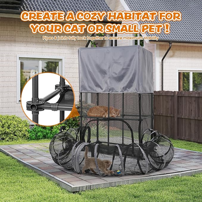 Catio Outdoor Cat Enclosure for Cats & Small Animals, Pet Playpen Cat Climber with Removable Pet Tunnel for Indoor/Outdoor Use
