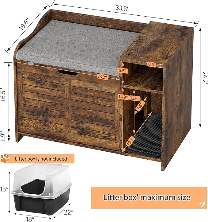 TrailBlaze Litter Box Enclosure with Top Opening&Scratching Mat, Cat Litter Box Furniture with Cushion Litter Box Hidden Wooden Cat Washroom Farmhouse Style Cat House for Hallway, Bedroom, Retro-Mewly Pet
