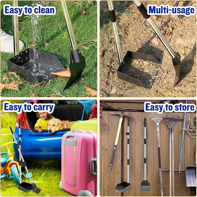 Dog Pooper Scooper,Tray and Spade Set Poop Scooper for Dogs, Adjustable Long Handle Metal Pooper Scooper with Bin for Pet Waste Removal, No Bending Clean Up for Medium and Large Dogs-Mewly Pet