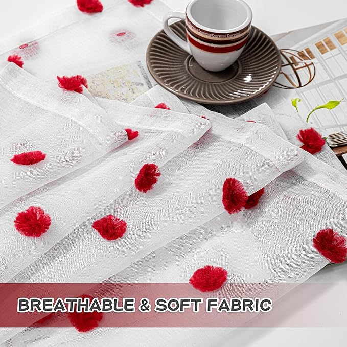 MYSKY HOME Short Curtains for Bedroom 54 Inches Long Merry Christmas Red Pom Pom White Sheer Curtains Kitchen Bathroom Nursery Boys Kids Room Rod Pocket 2 Pieces Small Window 52" x 54"