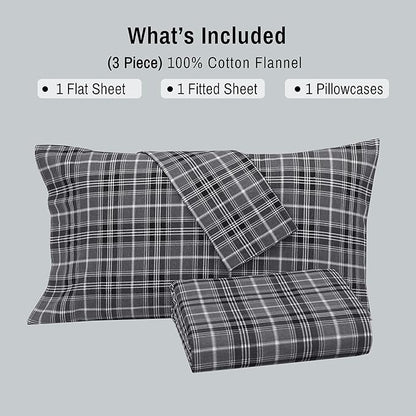 RUVANTI Flannel Sheets Twin XL Size - 100% Cotton Double Brushed Twin XL Sheet Sets, Deep Pockets 16 Inches, All Seasons Breathable & Extra Soft Bed Sheets, Warm & Cozy, 3 Piece, Grey Plaid