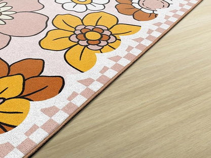 Flagship Carpets Schoolgirl Style Retro Floral Educational Area Rug for Kids Room Seating Décor, Children's Classroom, Play Carpet for Teaching and Playroom, 7'6 "x 12' Pink