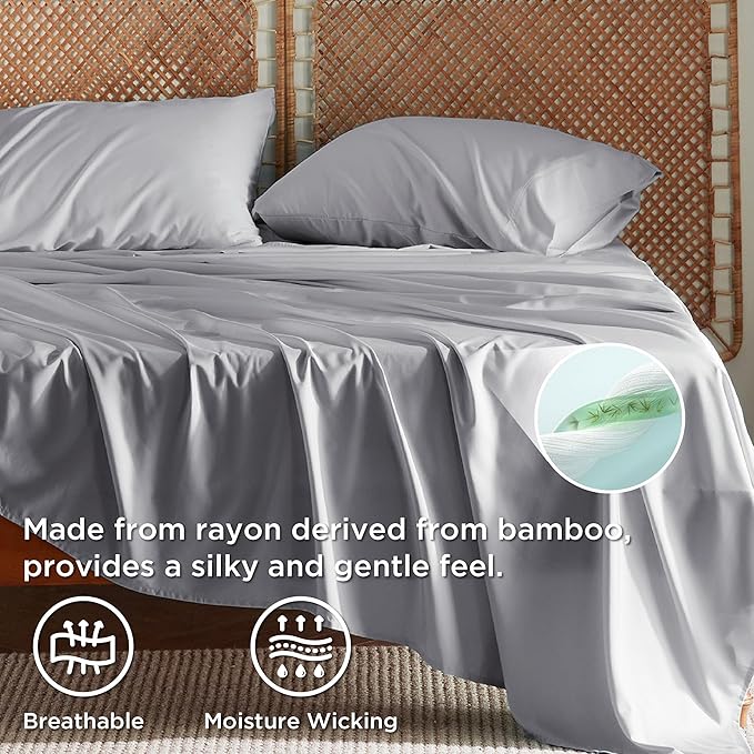 Bedsure Queen Sheets, Rayon Derived from Bamboo, Queen Cooling Sheet Set, Deep Pocket Up to 16", Breathable & Soft Bed Sheets, Hotel Luxury Silky Bedding Sheets & Pillowcases, Silver Grey