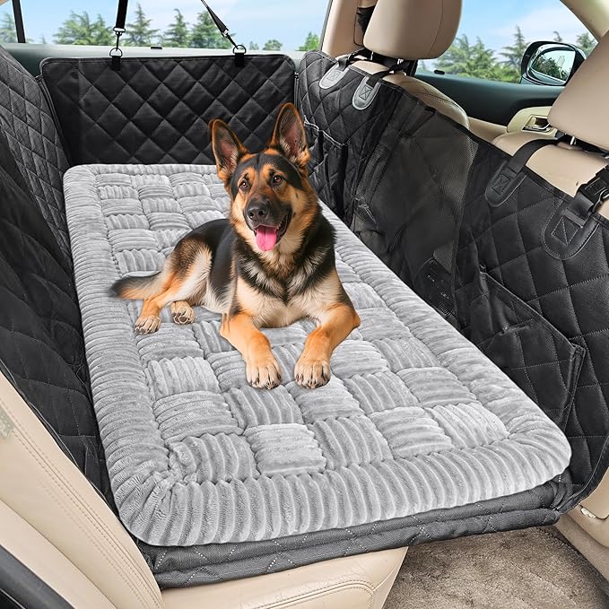 Dog Car Bed Mat, Non-Slip Backseat Extender Pet Blanket, Plaid Dog Bed for SUVs, Sedans & Trucks, Chew-Resistant Travel Pad for Dogs, Easy Clean & Scratch-Proof & Comfort (50"x24.6") Light Gray-Mewly Pet