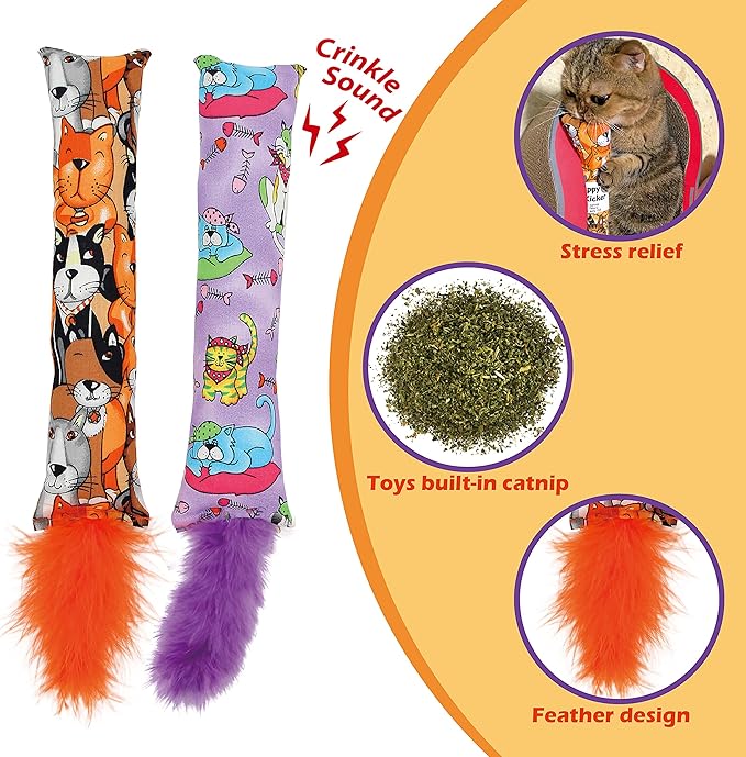 2 Pack Natural Interactive Catnip Cat Kicker with Feathers, Bite Resistant Chew Toy, Crinkle Kicker, Accessories for Indoor Cat-Mewly Pet