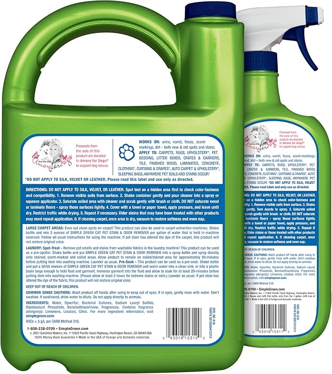 Simple Green Cat Stain & Odor Remover - Enzyme Cleaner for Cat Urine, Feces, Blood, Vomit (32 oz Sprayer & 1 gallon Refill)-Mewly Pet