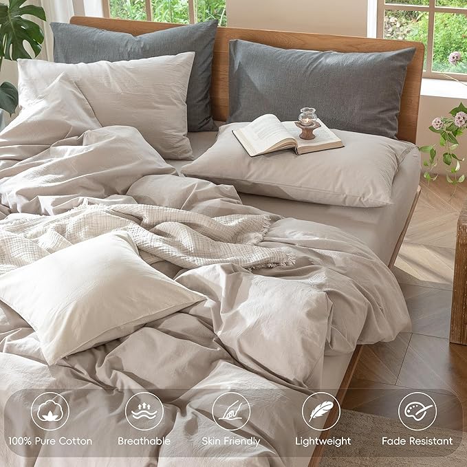 MooMee Bedding Duvet Cover Set 100% Washed Cotton Linen Like Textured Breathable Durable Soft Comfy (Solid Light Tan, Oversized Queen 98"x98")