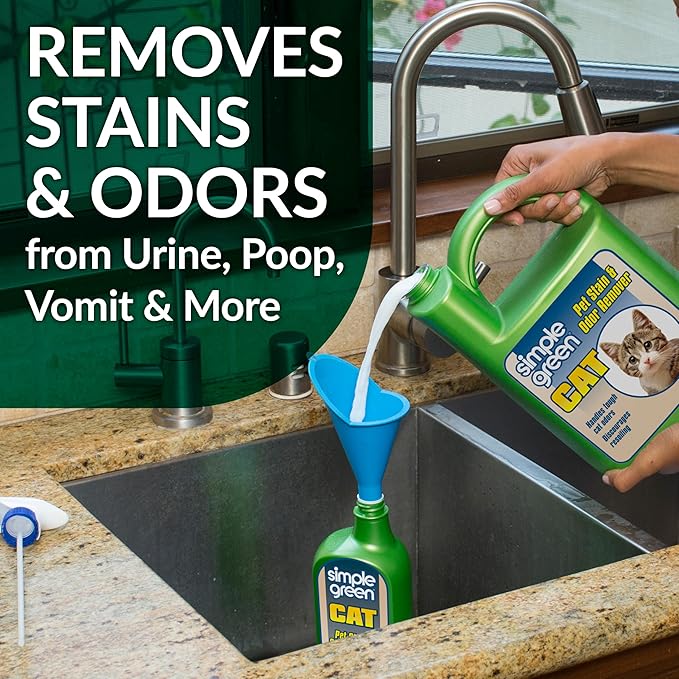 Simple Green Cat Stain & Odor Remover - Enzyme Cleaner for Cat Urine, Feces, Blood, Vomit (32 oz Sprayer & 1 gallon Refill)-Mewly Pet