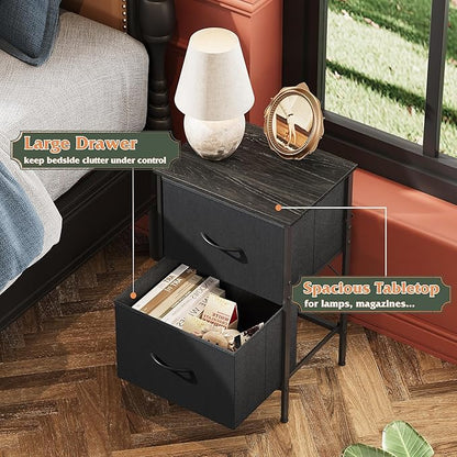 WLIVE Black Night Stand, Nightstand with 2 Drawers, Small Dresser for Bedroom, Bedside Table Furniture, College Dorm, End Table with Fabric Bins, Size L 24.9" H