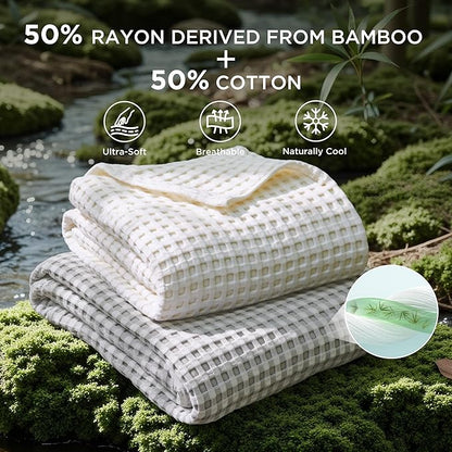 Bedsure Cooling Cotton Waffle Full Size Blanket - Lightweight Breathable Blanket of Rayon Derived from Bamboo for Hot Sleepers, Luxury Throws for Bed, Couch and Sofa, Grey, 80x90 Inches