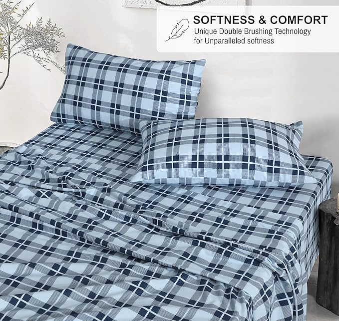 RUVANTI Flannel Sheets Twin Size - 100% Cotton Double Brushed Twin Sheets Set, Deep Pockets 16 Inches, All Seasons Breathable & Extra Soft Bed Sheets, Warm & Cozy, 3 Piece, Illusion Check