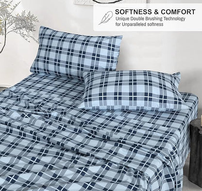 RUVANTI Flannel Sheets Full Size - 100% Cotton Double Brushed Bed Sheets Set, Deep Pockets 16 Inches, All Seasons Breathable & Extra Soft Full Sheets, Warm & Cozy, 4 Piece, Illusion Check