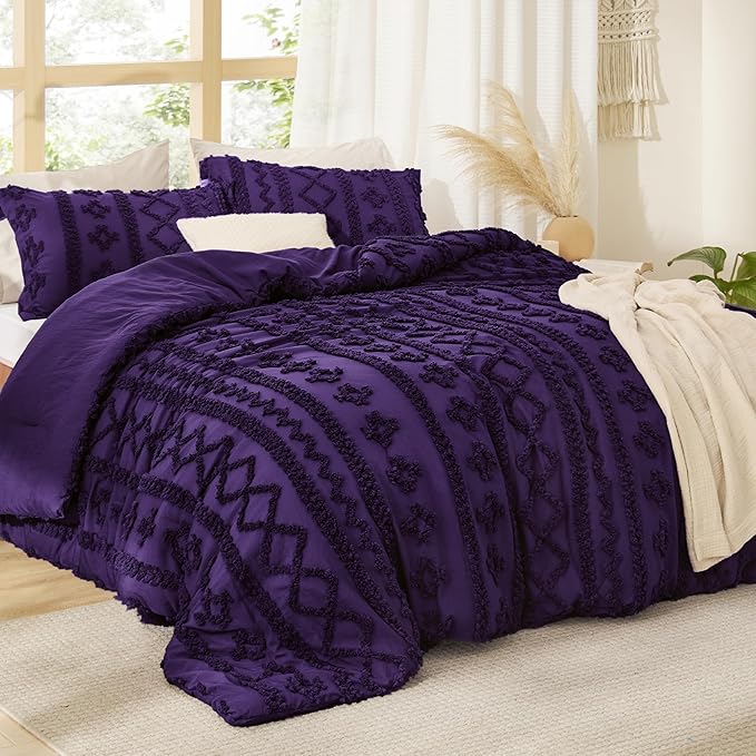 Bedsure Tufted Boho Comforter Set King Size - Purple Boho Bed Set, GentleSoft™ 3 Pieces Farmhouse Shabby Chic Embroidery Bedding, Gifts for Woman, Soft Jacquard King Comforter for All Seasons