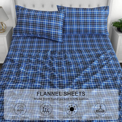 RUVANTI Flannel Sheets Queen Size - 100% Cotton Double Brushed Bed Sheets, Deep Pockets 16 Inches Queen Sheet Set, All Seasons Breathable & Extra Soft - Warm & Cozy, 4 Piece, Blue Plaid