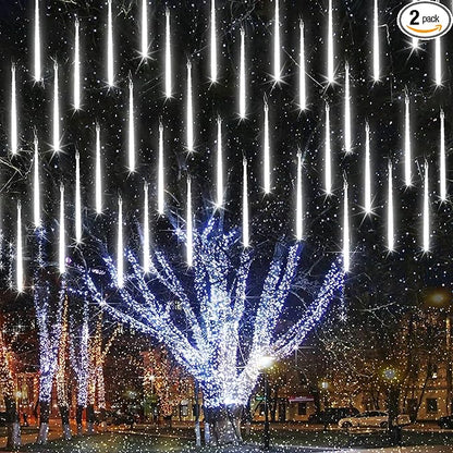 Joomer 2Pack Christmas Lights Outdoor, 11.8 inch 10 Tubes 240 LED Meteor Shower Lights, LED Falling Icicle Cascading Light with Timer Waterproof and Connectable for Christmas Decoration (White)