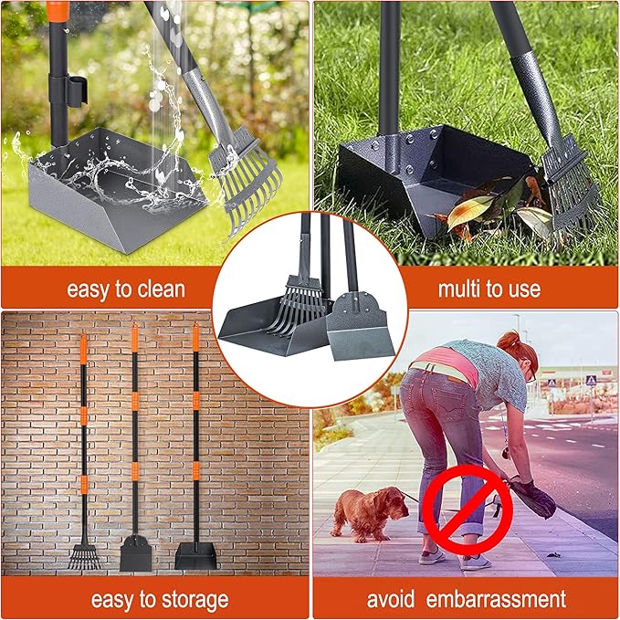 Niubya Pooper Scooper for Dogs, Metal Poop Scooper Tray Spade and Rake Set, Poop Scoop with Adjustable Long Handle, Dog Pooper Scooper for Pet Waste Removal-Mewly Pet