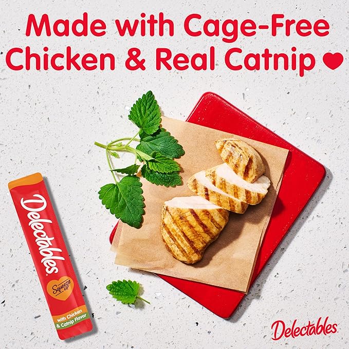 Delectables Squeeze Up Creamy Squeezable Puree, Lickable Wet Cat Treats, Grain Free, No Added Fillers, No By-Products, No Added Preservatives, 0.5 Ounces Tube Chicken with Catnip, 32 Tubes Total-Mewly Pet