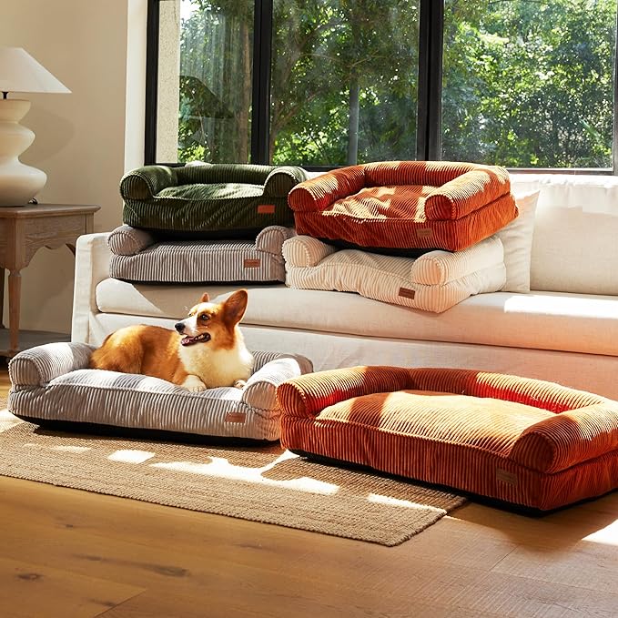 FUKUMARU Dog Couch Bed, Corduroy Cozy Cat Bed for Indoor Cats with Washable Cover, Supportive Waterproof Dog Beds Sofa for Small Dogs and Large Cats Cute, 28inch, Medium, Orange-Mewly Pet