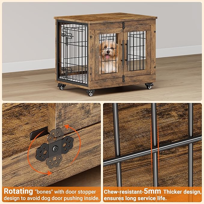 Lulive Small Dog Crate Furniture Set of 2, Dog Kennel Indoor Double Doors Wooden Dog Cage, 27' Heavy Duty Dog Crate with Cushion & Wheels, End Table Pet House Chew-Resistant Up to 30 lb, Rustic Brown-Mewly Pet