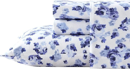 Laura Ashley - Flannel Sheets King Size, Anti-Pilling & Wrinkle Resistant Cotton, Touchably Soft for All-Season Comfort - Bed Sheets with Matching Pillowcases & Fitted Sheet (Emelisa Blue)