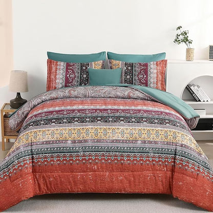 Boho King Size Comforter Set 8 Pieces, Orange and Green Bohemian Striped Bed in a Bag, Paisley Soft Microfiber Bedding Comforter Set