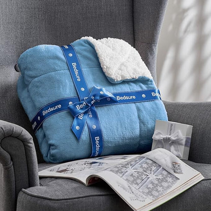 Bedsure GentleSoft Sherpa Fleece Throw Blanket Twin Size for Couch - Thick and Warm Throw for Women and Men, Soft Fuzzy Plush Twin Blanket for Winter, Washed Blue, 60x80 Inches