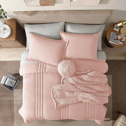 Monbix Full Comforter Set - 7 Pieces Light Pink Bed in a Bag Full Size Bedding Sets with Comforters, All Seasons Down Alternative Comforter with Sheets,Pillowcases & Shams