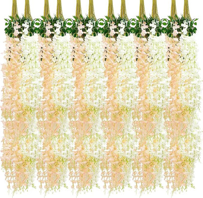 Giegxin 36 Pcs Artificial Wisteria Hanging Flowers 3.6 ft Artificial Fake Wisteria Vine Rattan Hanging Garland Silk Flowers String for Wall Home Wedding Party Greenery Decorations (Champagne,White)