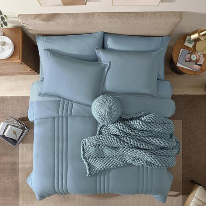 Monbix Queen Comforter Set - 7 Pieces Dusty Blue Bed in a Bag Queen Bedding Sets with Comforters, All Seasons Down Alternative Comforter Bed Set with Sheets, Pillowcases & Shams