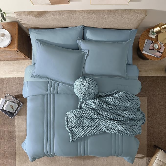 Monbix King Size Comforter Set - 7 Pieces Bed in a Bag King, Dusty Blue Bedding Sets with Comforter, All Seasons Down Alternative Comforter Bed Set with Sheets, Pillowcases & Shams