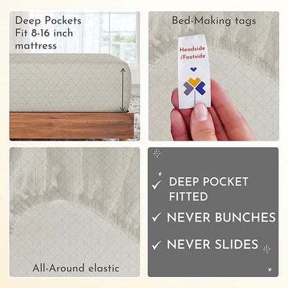 California Design Den Printed King Size Sheets Set - Luxury 400 Thread Count Sateen, Natural 100% Cotton Sheets, Deep Pockets, Cooling and Durable Bedding Set - Taupish-Sage Crosshatch